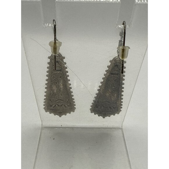 Antique Silver Tone Tribal Dangling Drop Earrings With Fish Hook Backs & Intrica - Picture 3 of 6